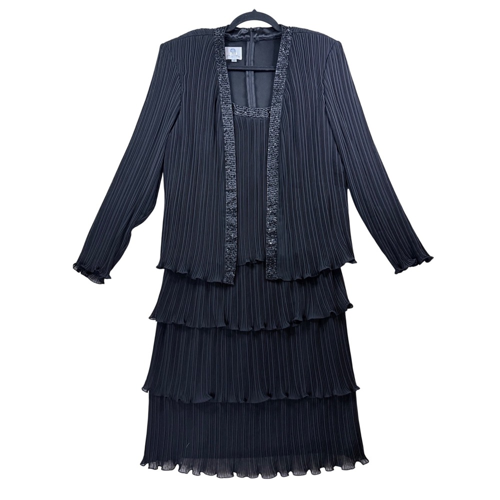 Patra Pleated Tiered Dress Womens 16 Black Excellent Beaded Jacket Overlay 1PC